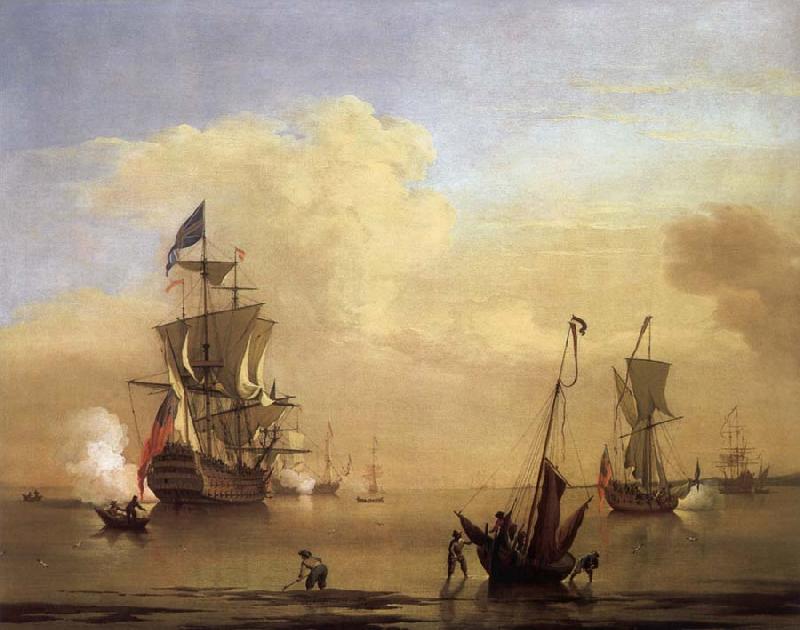 Monamy, Peter A two-decker and a yacht anchored near a tower oil painting picture